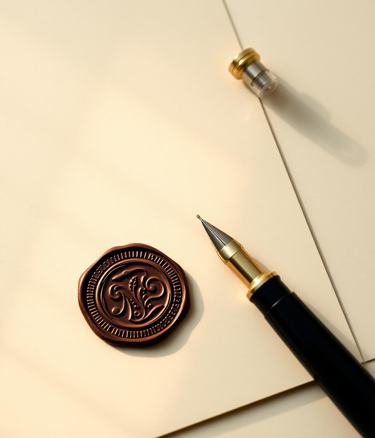A wax notary seal and fountain pen resting on cream paper.