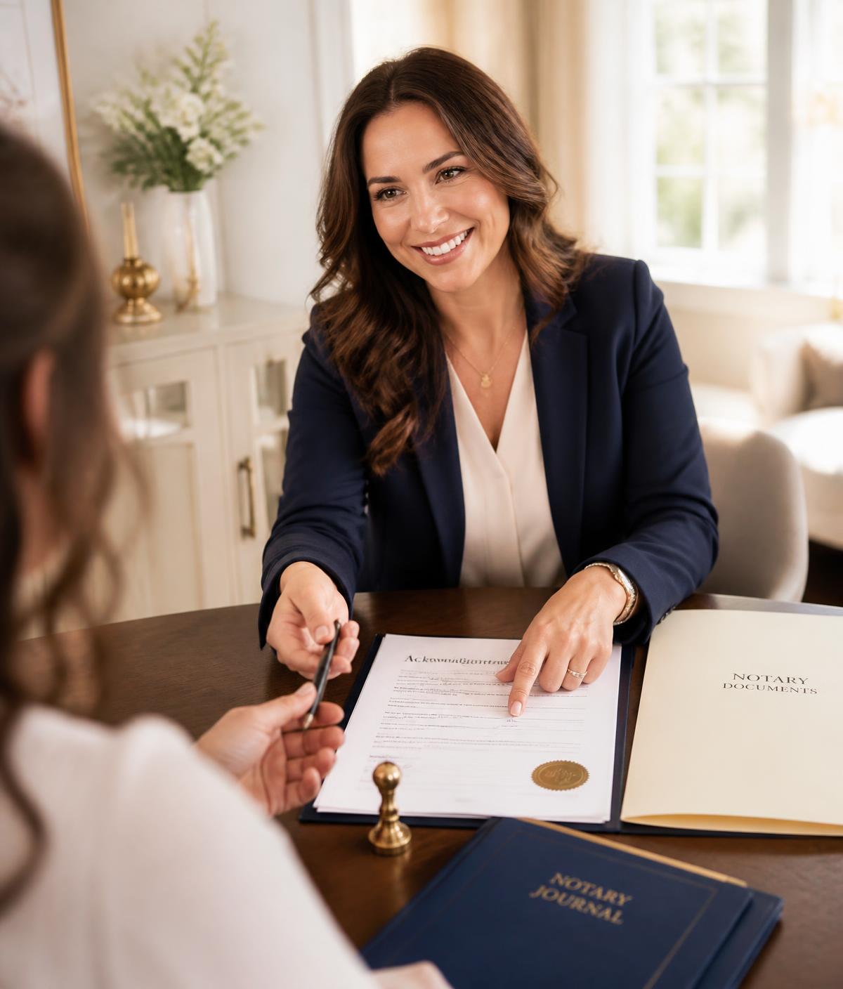Smiling Enliven Notary agent welcoming a client and handing over a pen to sign documents